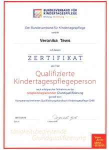 Veronika Tews Urkunde Zertifikat Qualifizierte Kindertagespflegeperson QHB