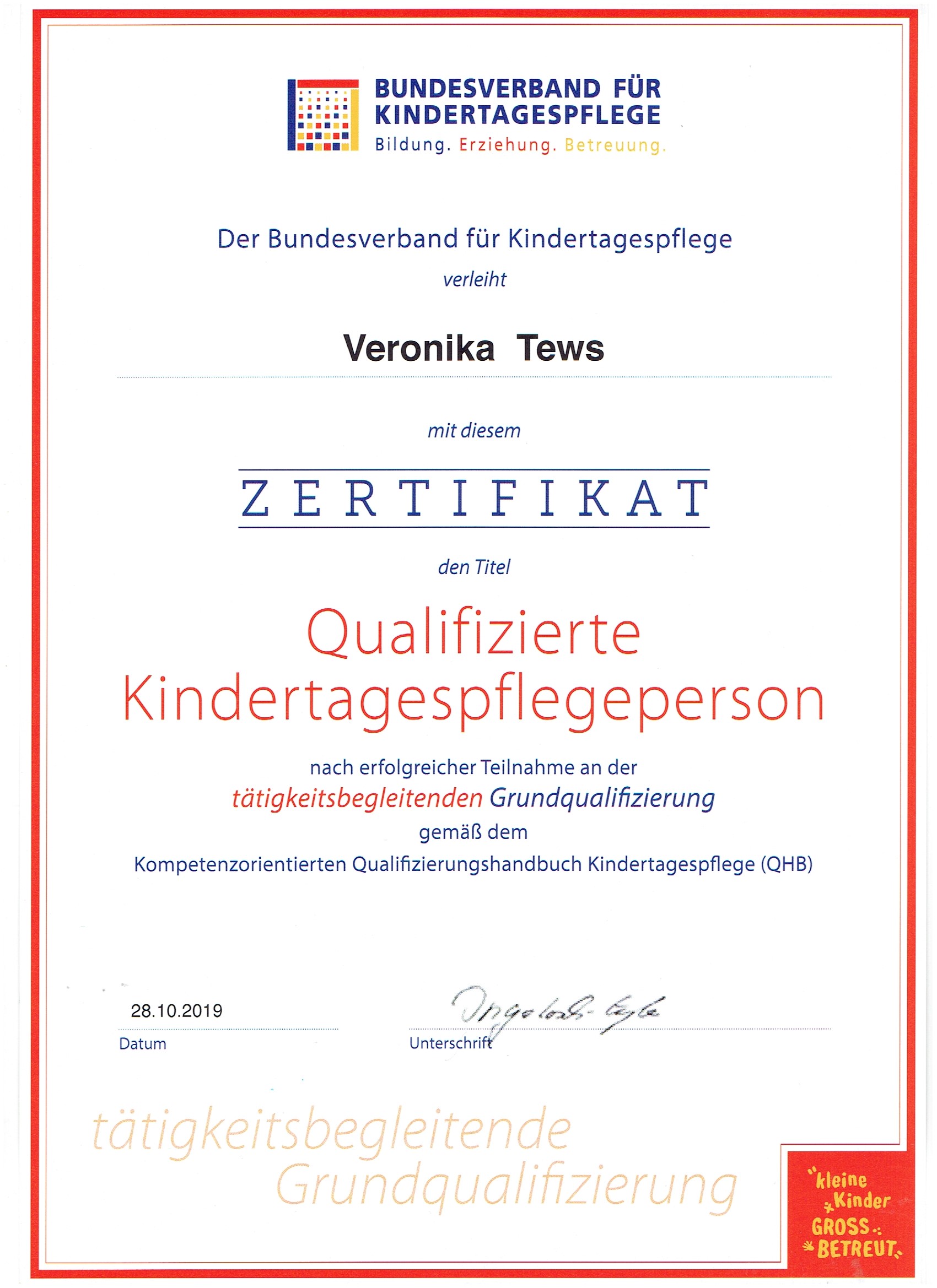 Veronika Tews Urkunde Zertifikat Qualifizierte Kindertagespflegeperson QHB