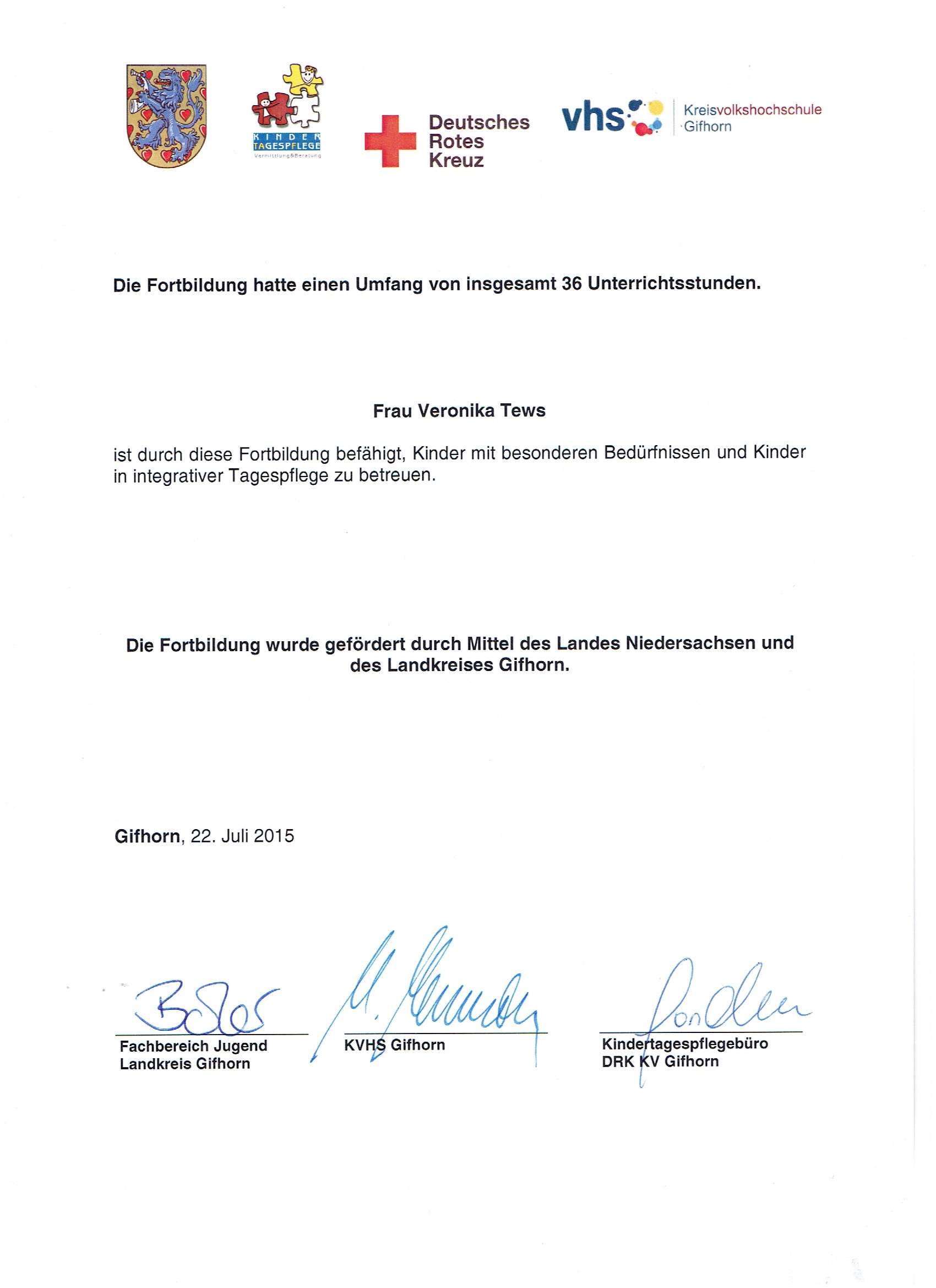 Veronika Tews Zertifikat Kinder mit besonderen Bedürfnisse Rückseite