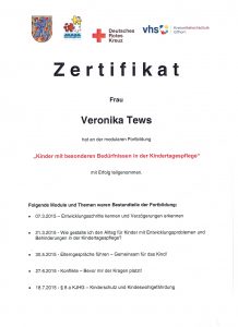 Veronika Tews Zertifikat Kinder mit besonderen Bedürfnissen