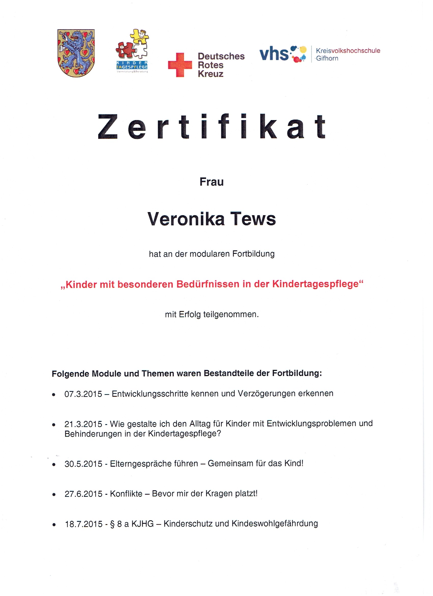 Veronika Tews Zertifikat Kinder mit besonderen Bedürfnissen