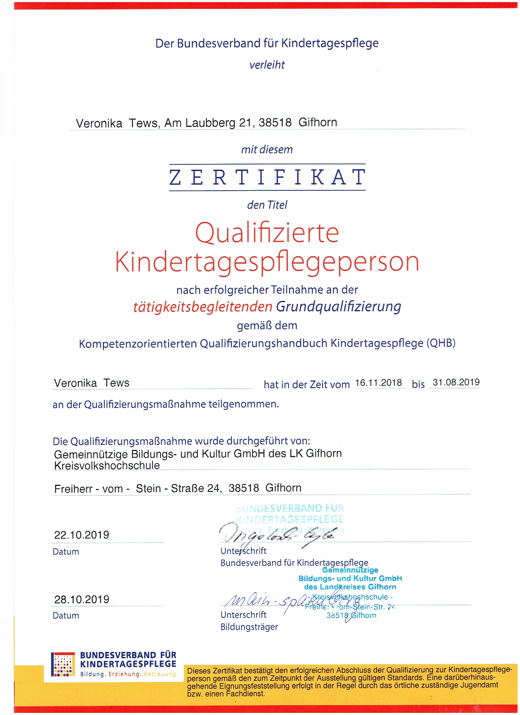Veronika Tews Zertifikat Qualifizierte Kindertagespflegeperson QHB